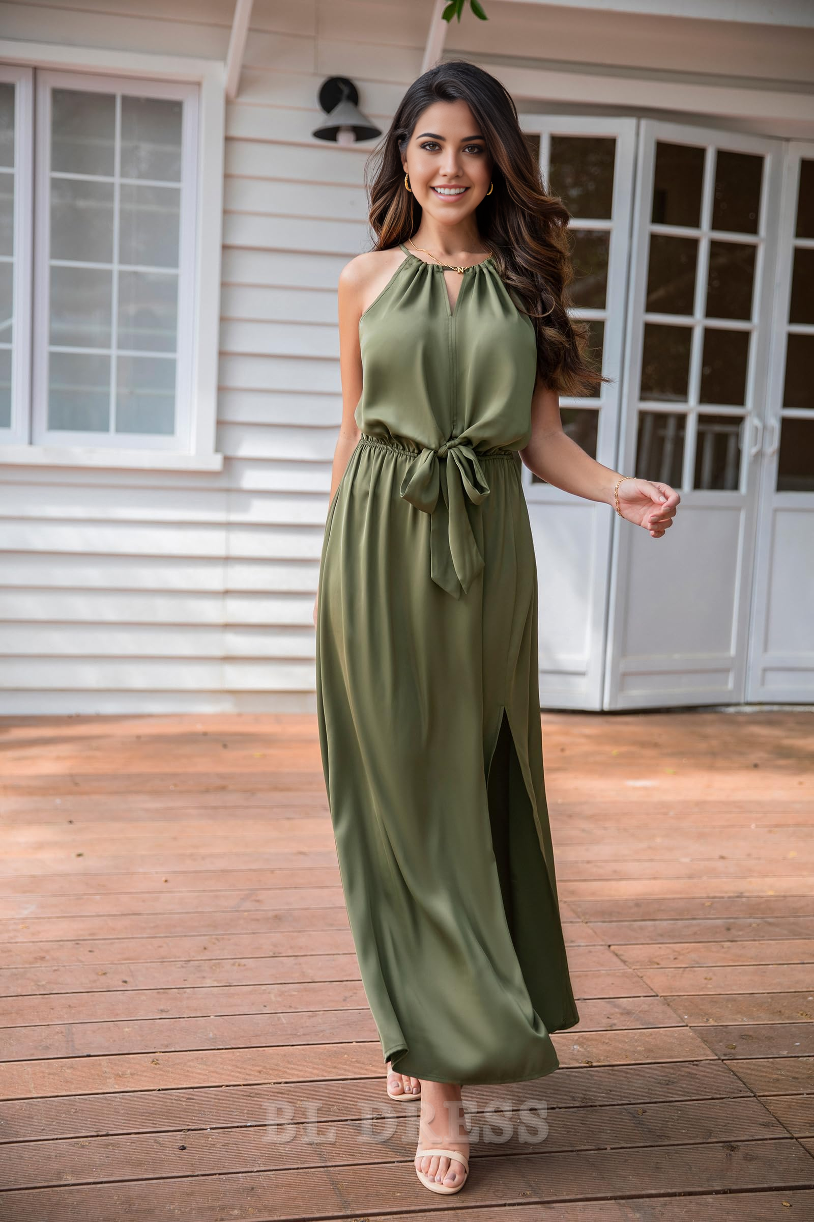Woman posing gracefully in a satin formal gown, suitable for evening events.