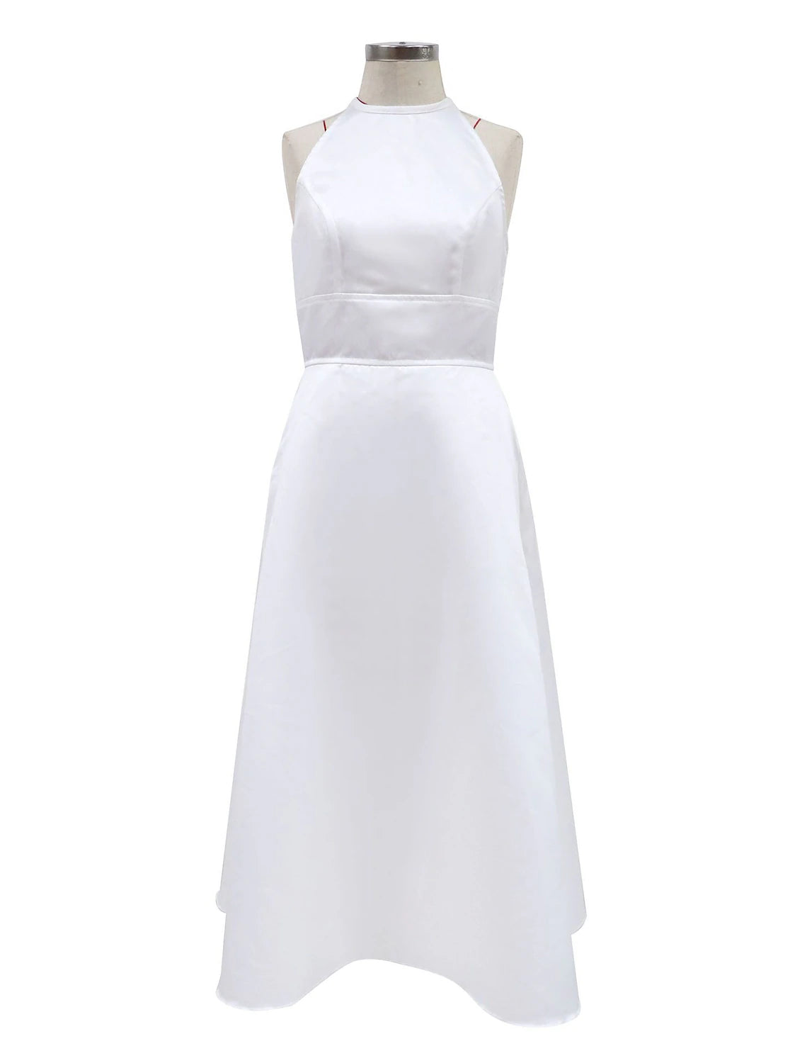 Elegant white A-line halter satin tea length wedding dress.