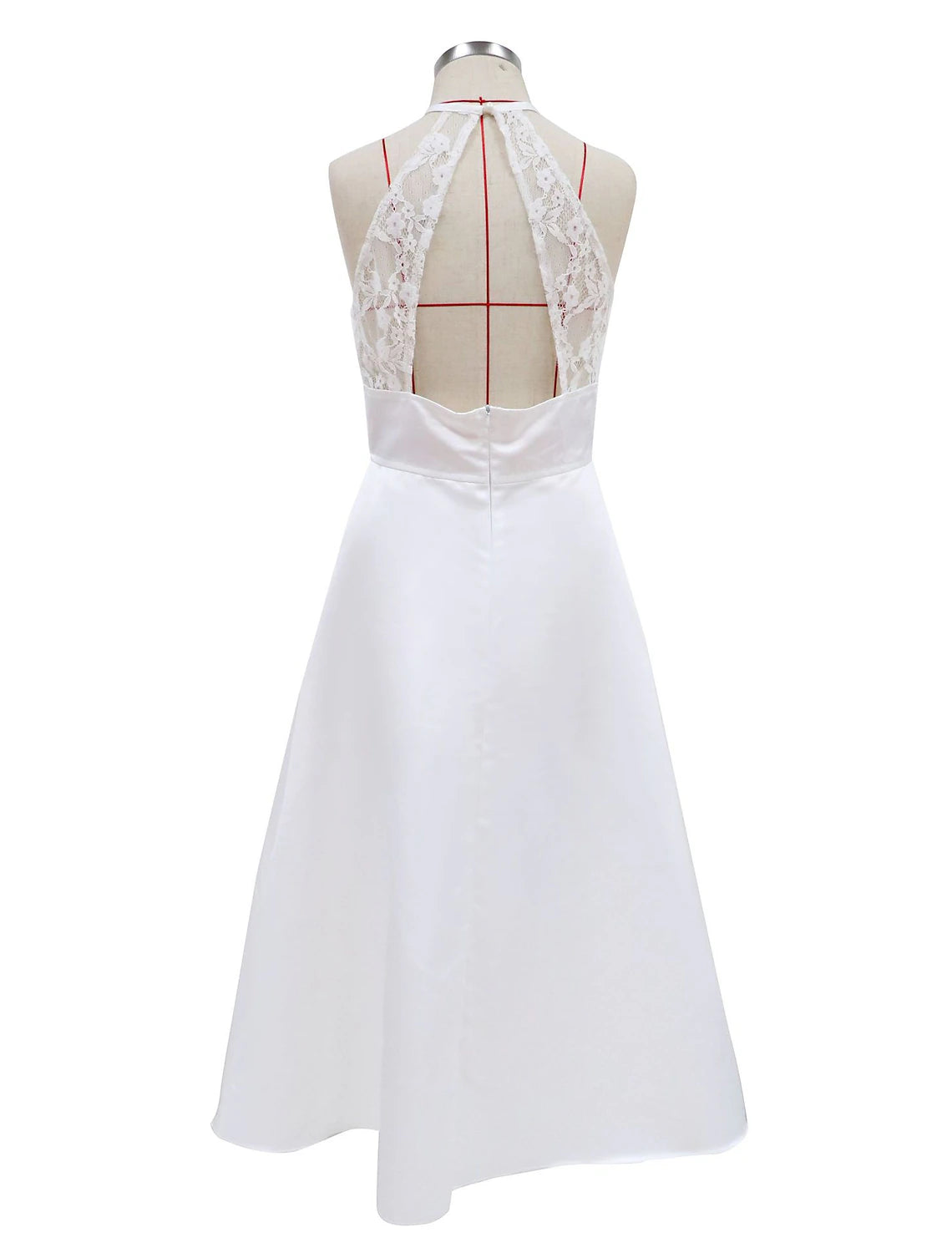 Back view of a white A-line halter satin tea length reception gown.