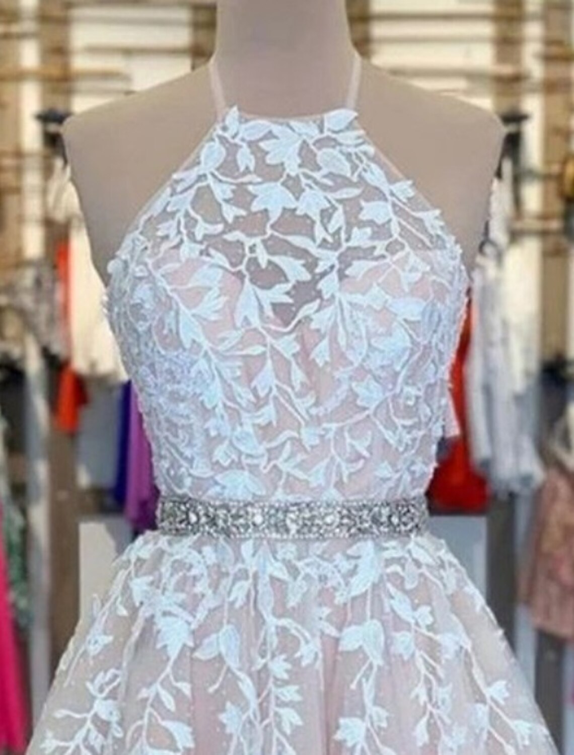 Back view of a short A-line tulle dress featuring a halter neckline and floral details.