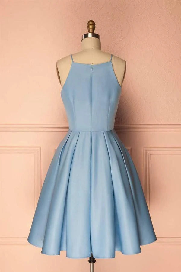 Blue halter sleeveless short homecoming dress.