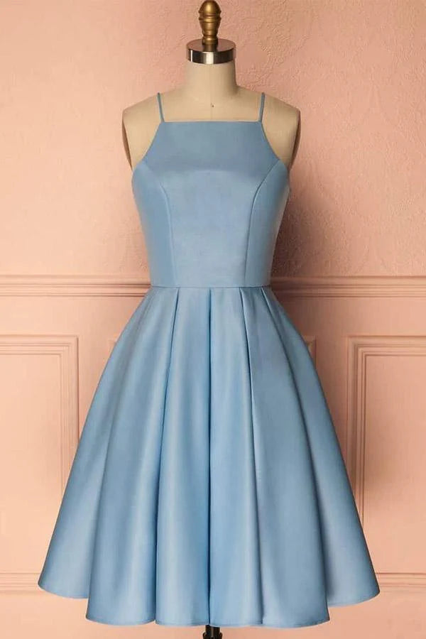 Blue halter short party dress with A-line skirt.