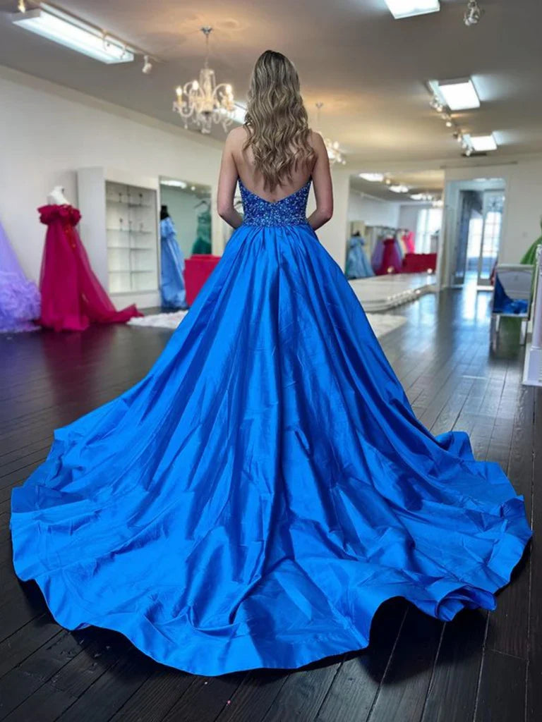 Back view of the halter V-neck backless long formal dress.