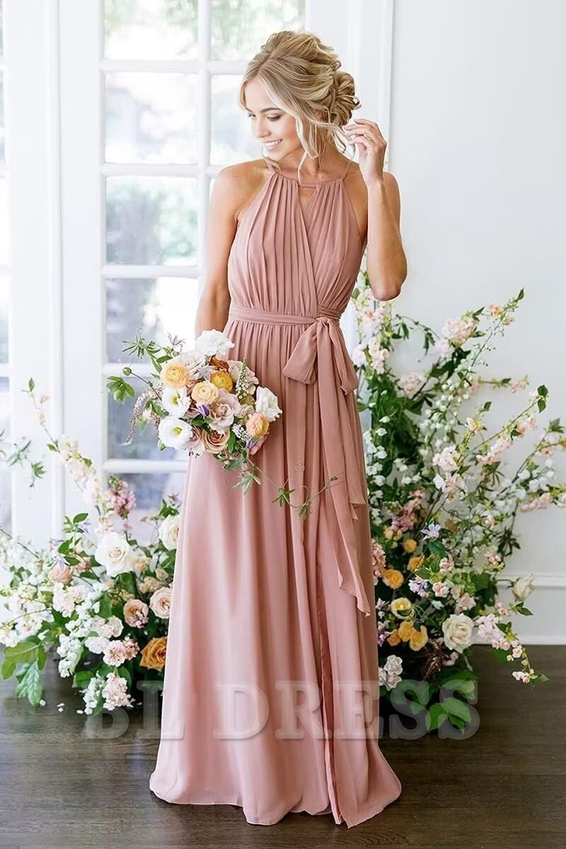 Elegant A-Line Halter V-Neck Chiffon Maxi Dress with wrap slit.