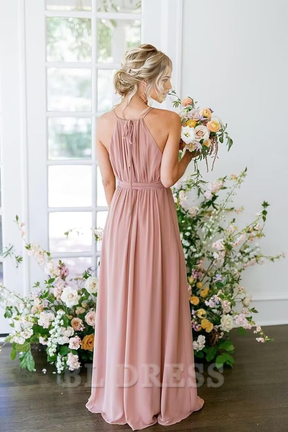 Full view of A-Line Halter Chiffon formal dress.