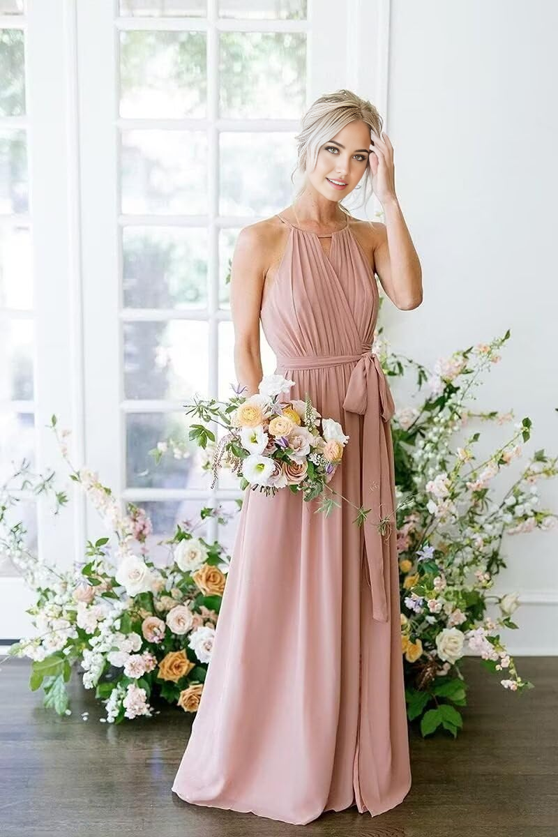 Back view of the pleated A-Line Halter Chiffon dress.