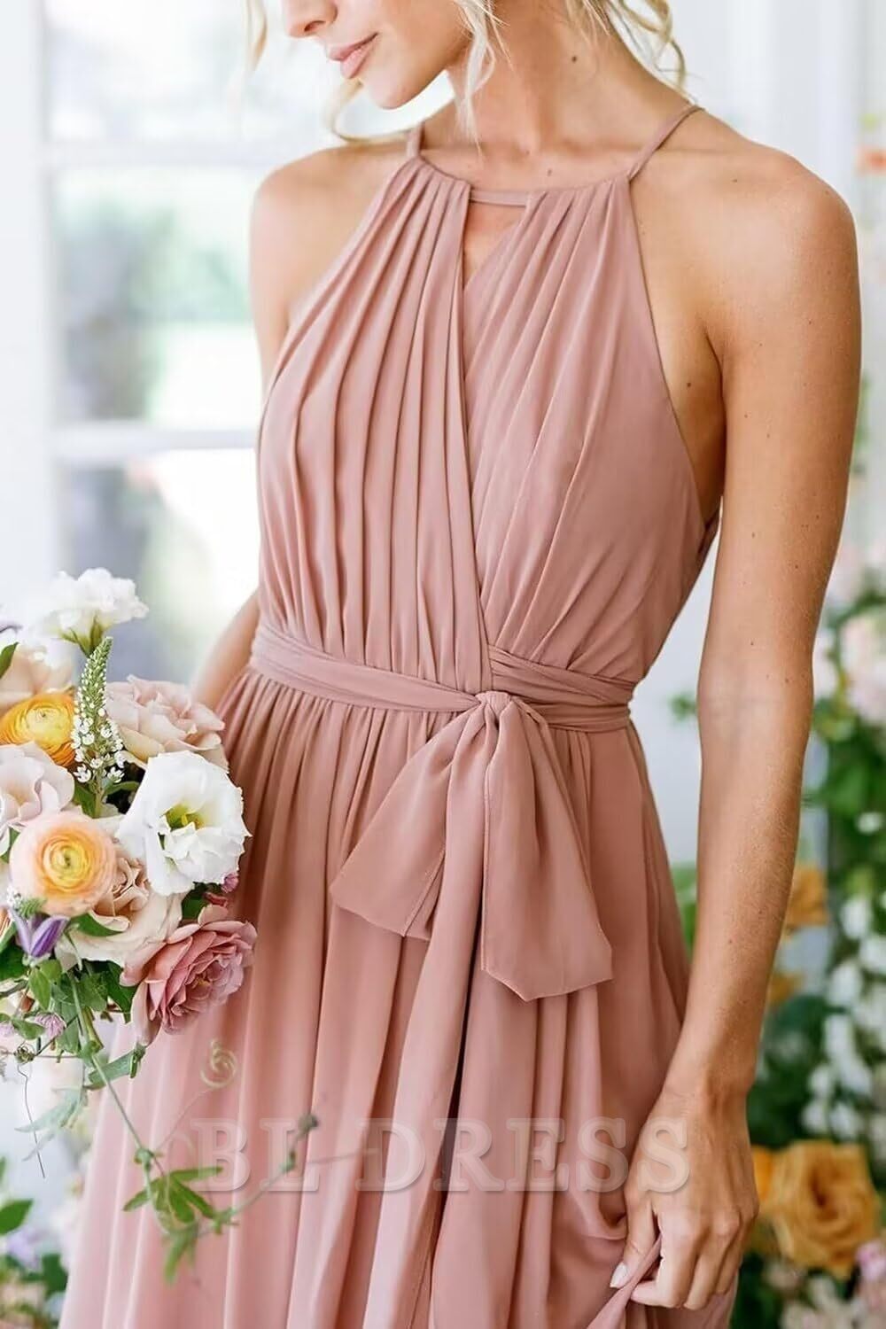 Side view of A-Line Halter Chiffon dress showing slit detail.