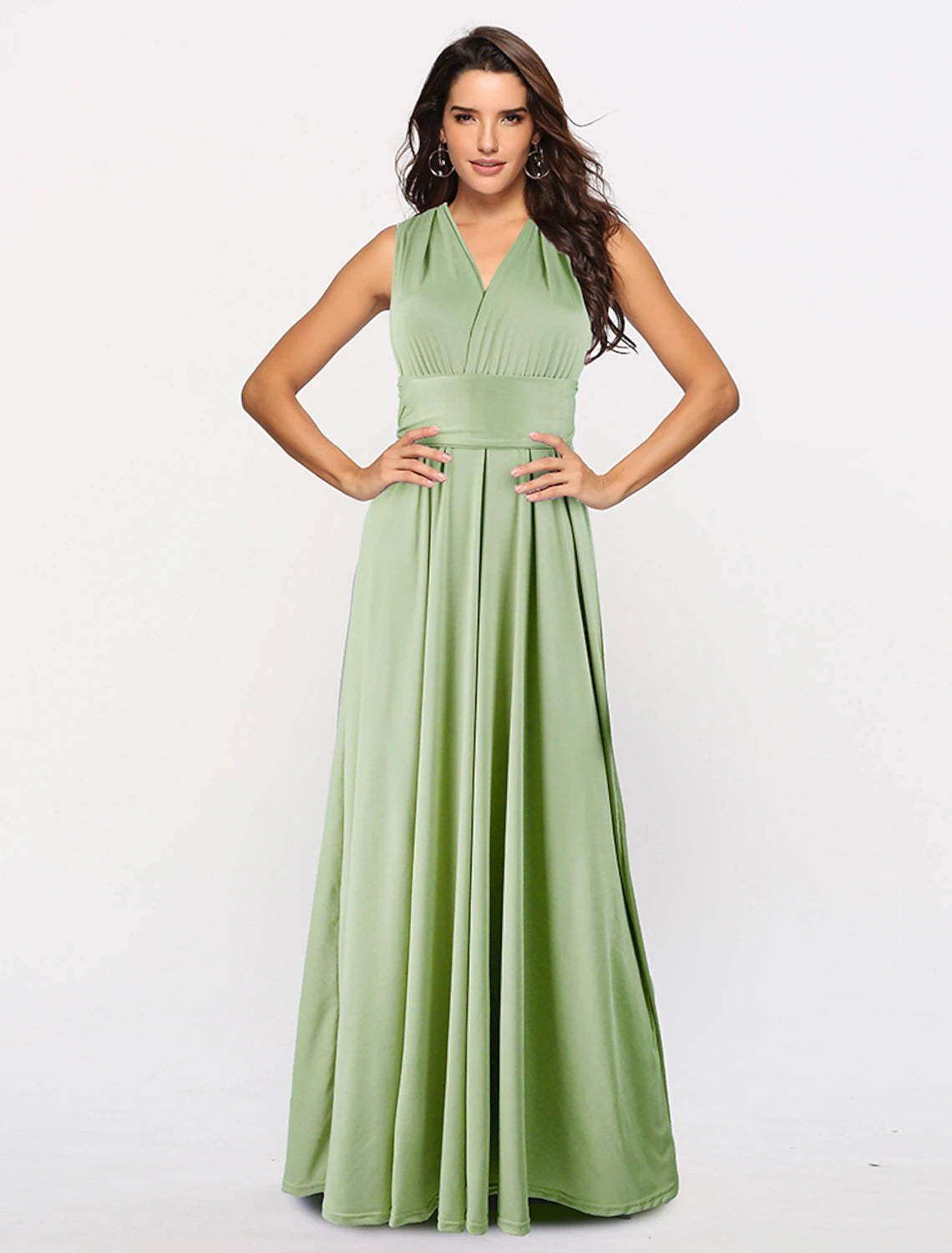 Woman modeling a versatile A-line convertible bridesmaid dress with halter and V-neck options, in a floor-length style.