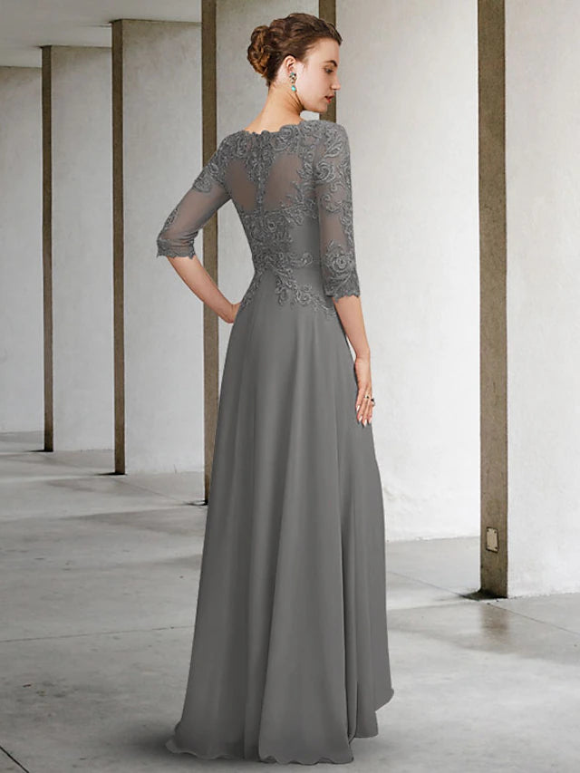 Back view of the A-Line Mother of the Bride dress, showcasing lace details and pleats.