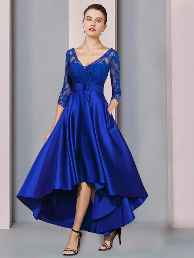 Elegant A-Line high-low tea length dress with 3/4 sleeves, front view.