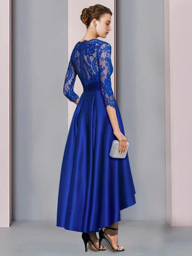 Elegant A-Line high-low tea length dress with 3/4 sleeves, side view.