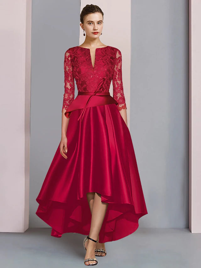 Elegant A-Line Mother of the Bride dress with scoop neck, 3/4 sleeves, and high-low tea length hem.