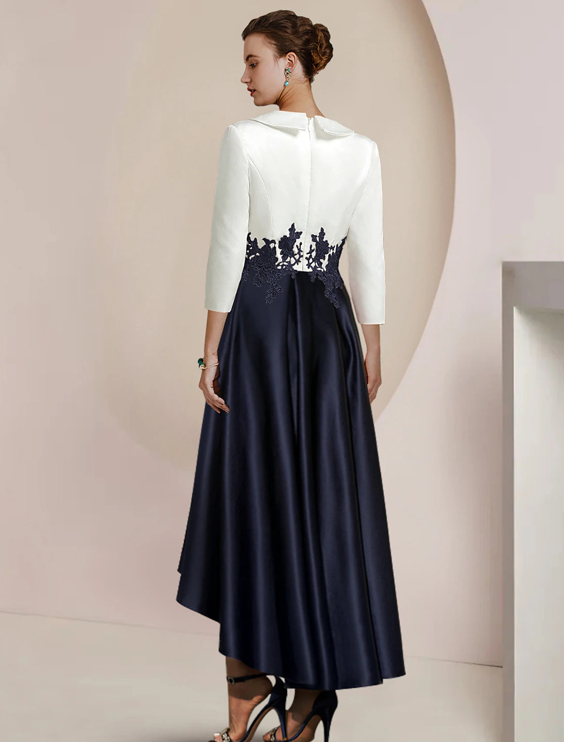 Back view of the A-line satin lace dress with shirt collar.