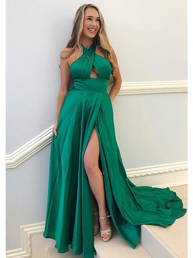 Elegant A-line prom dress with high neck and pleats.