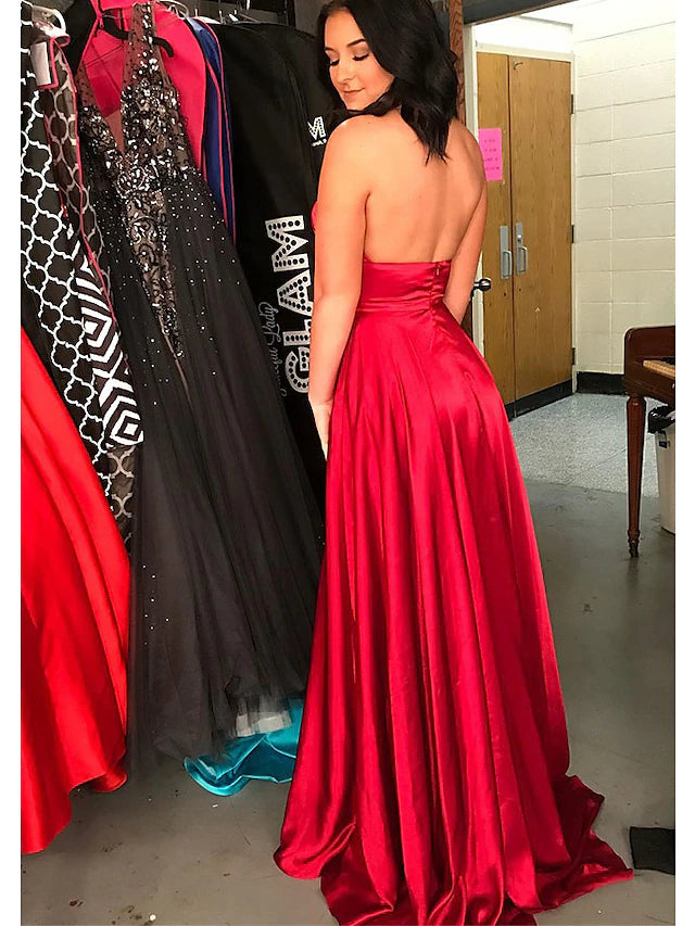 Backless design of a high neck imitation silk prom dress.