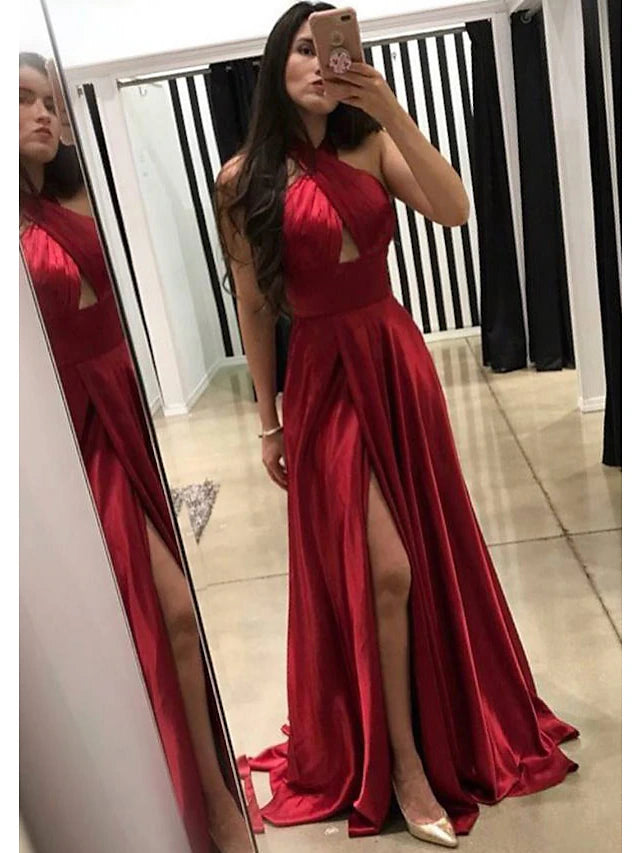 Full length view of a sleeveless A-line formal dress.