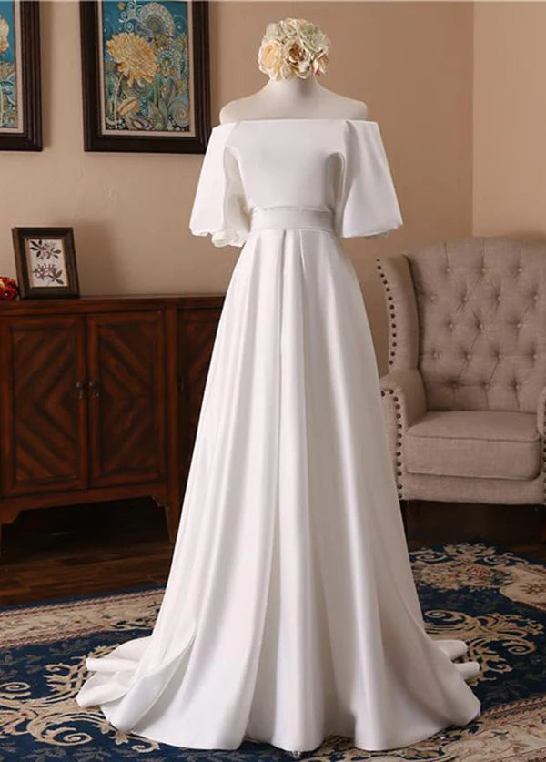 Elegant white A-line wedding dress with a high neck and half sleeves.