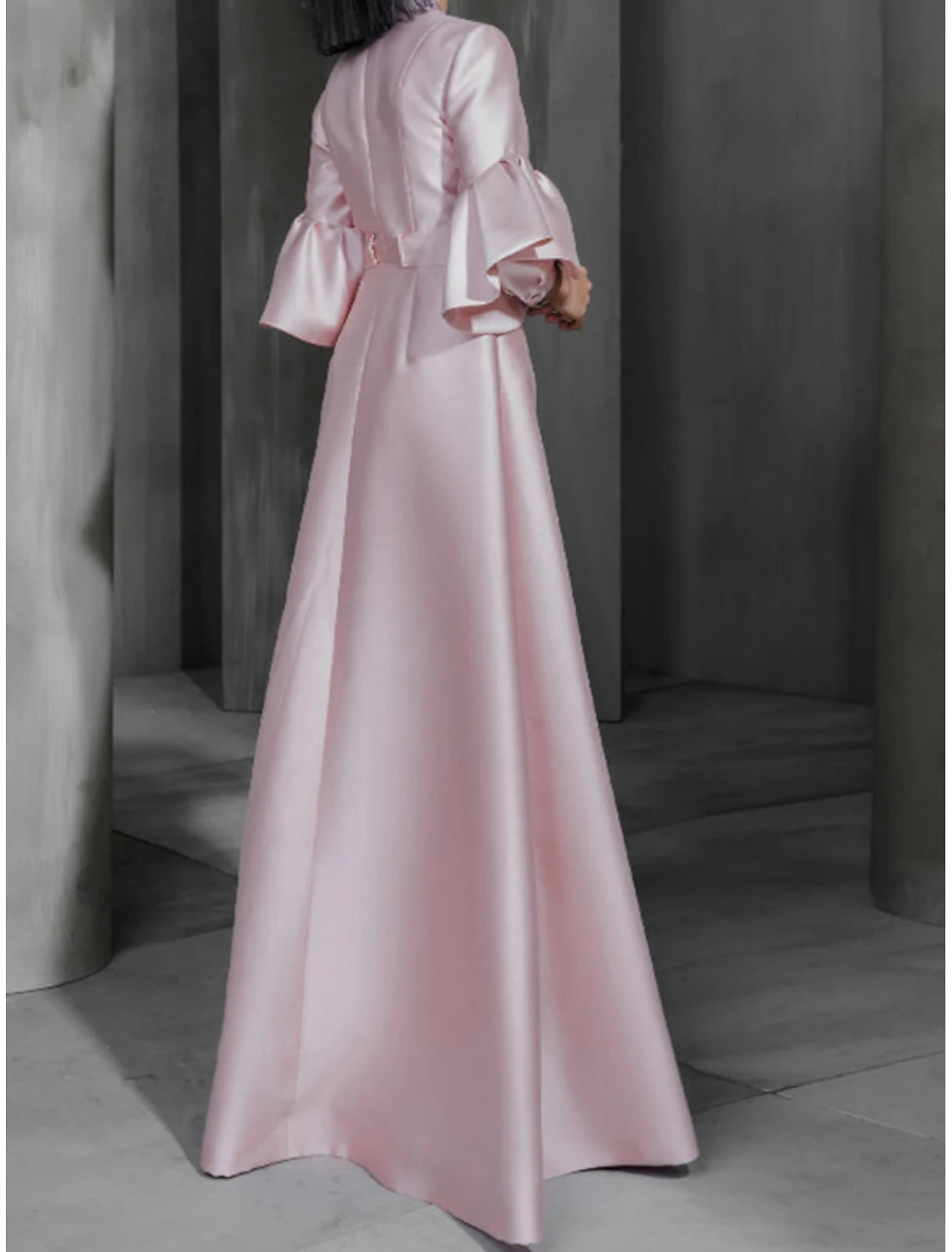 Back view of the A-Line satin gown, showing floor-length design.