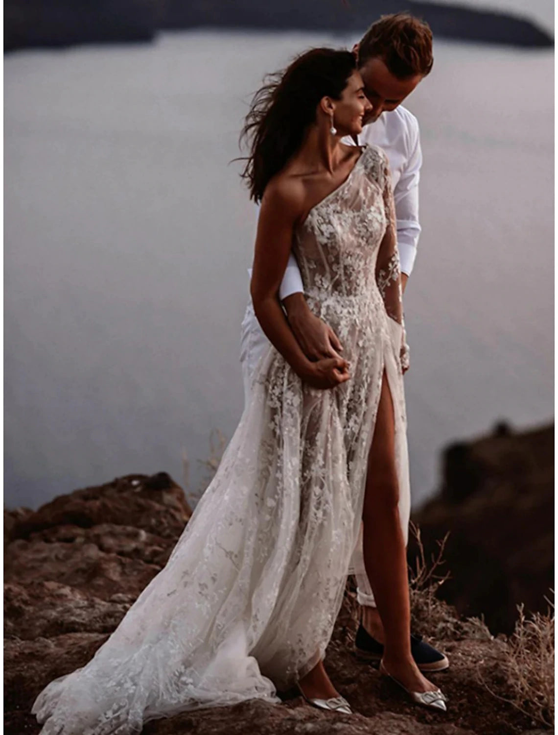 Elegant A-Line High Neck Sleeveless Tea Length Chiffon Wedding Dress with Pleats.