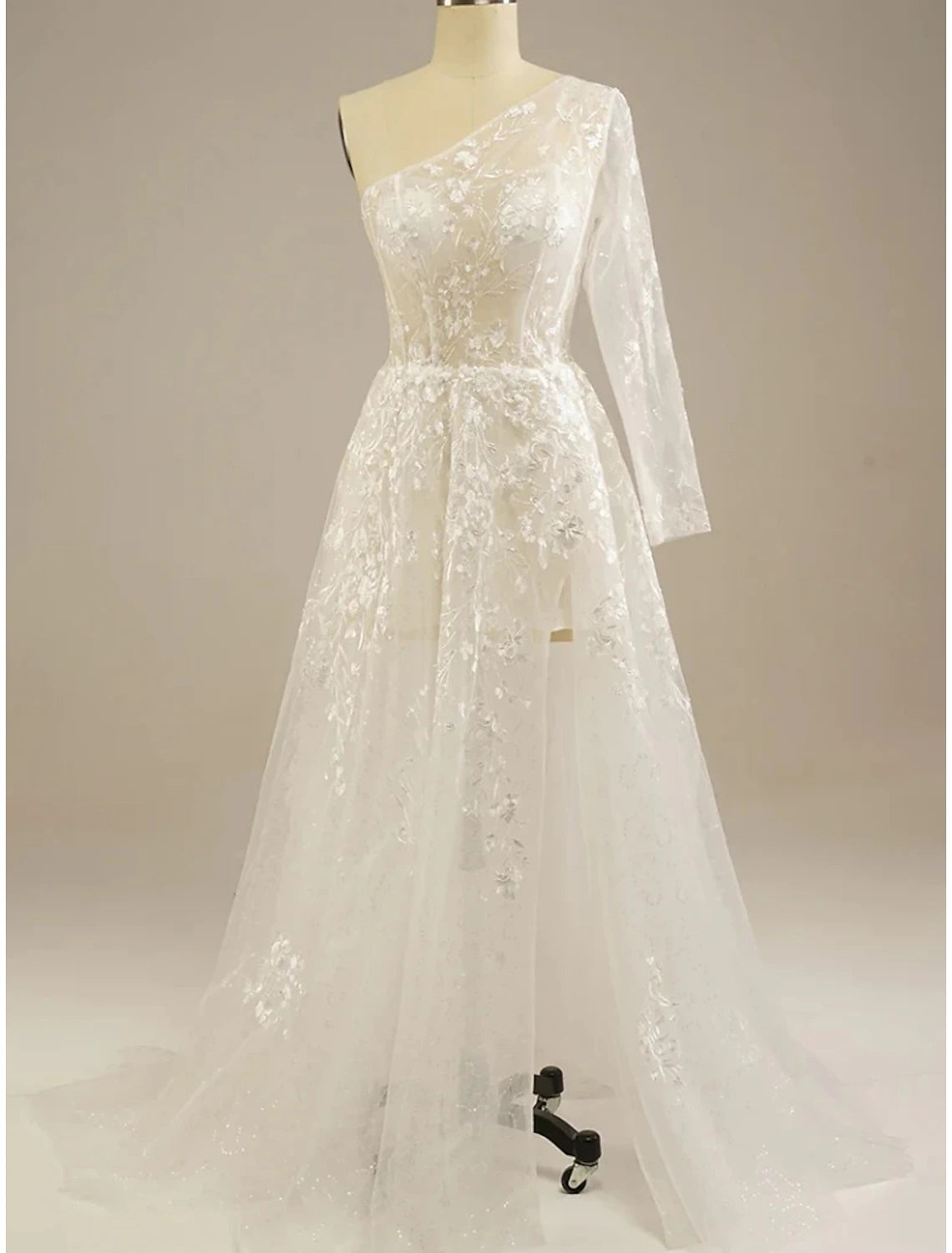 Model wearing the A-Line white dress, showcasing the flowy chiffon skirt.