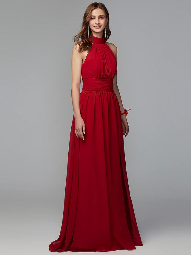 Elegant A-Line chiffon bridesmaid dress with a high neck and split front.