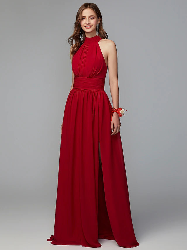Back view of the sleeveless floor-length A-Line bridesmaid gown.