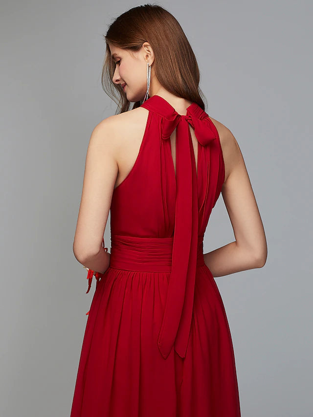 Bridesmaid dress in A-Line silhouette, highlighting the floor length.