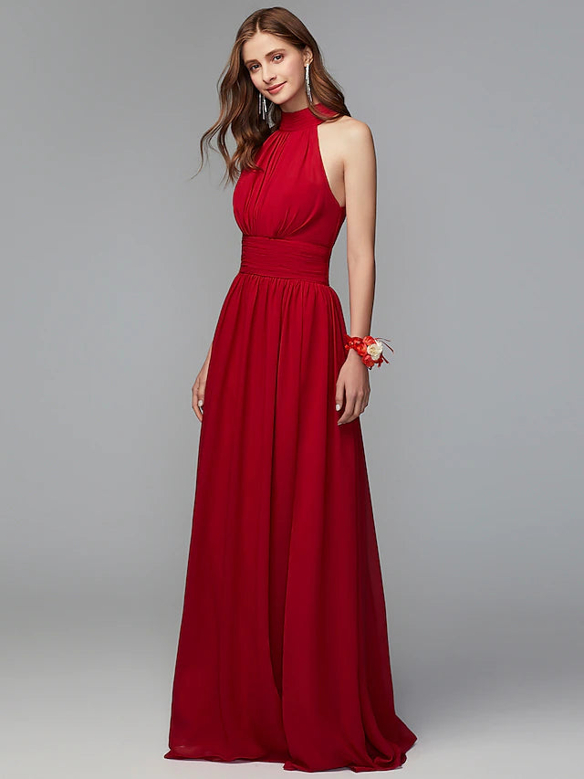 Model wearing the high neck A-Line bridesmaid dress, showcasing its fit.