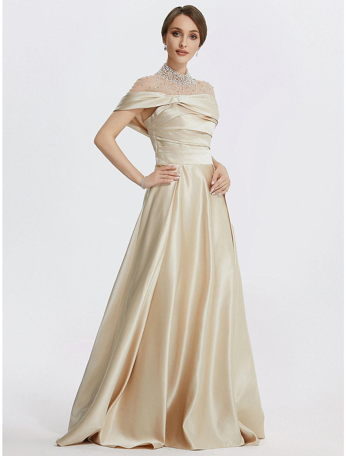 Back view of the A-line high neck evening gown, showcasing the floor-length skirt.