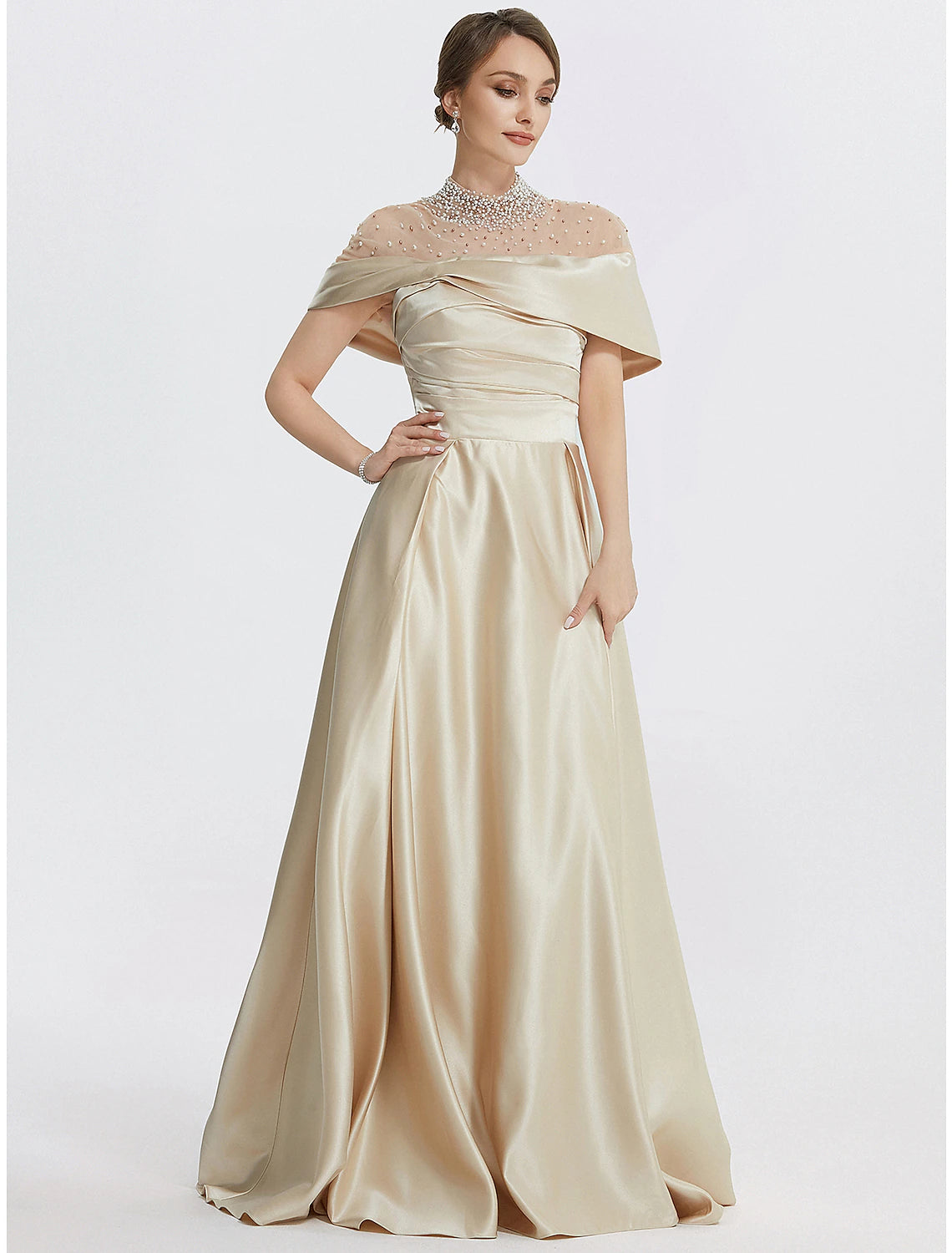 Close-up of the high neck and pearl embellishments on the satin evening gown.