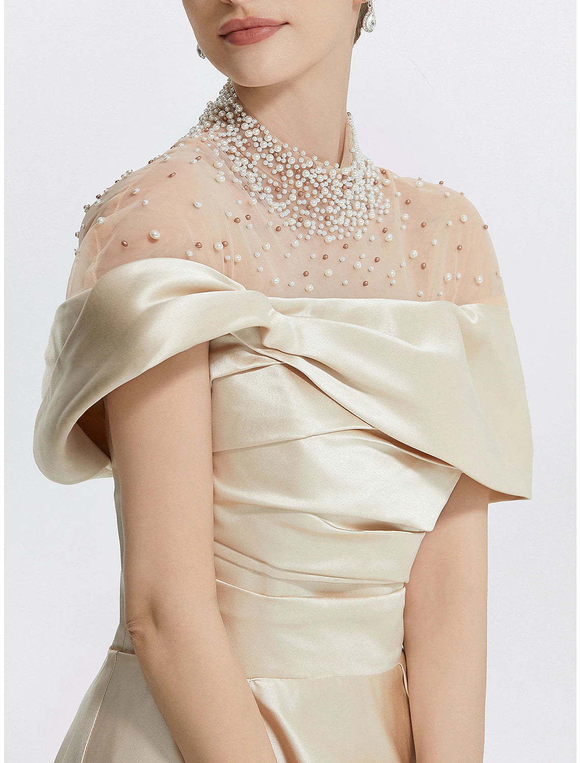 Side view of the elegant A-line formal dress, highlighting the silhouette.