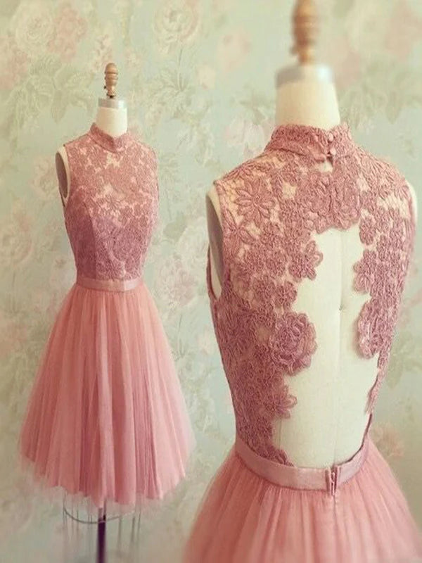 Elegant A-line short lace dress with a high neck, suitable for prom or homecoming.