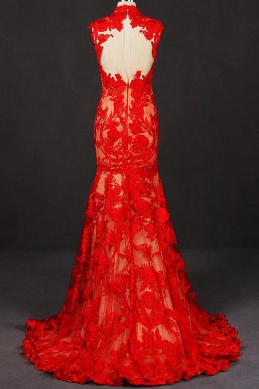 High neck sleeveless lace tulle evening dress, back view.