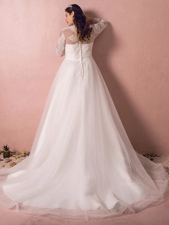 Back view of A-line wedding dress showing button details and ruched satin.