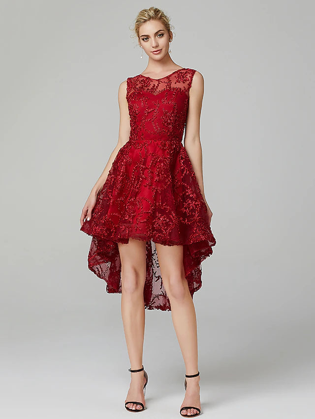 Elegant A-Line tulle gown with illusion neckline and appliques, front view.