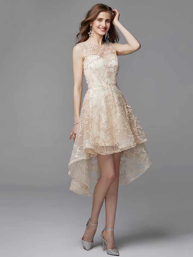 Side profile of an A-Line asymmetrical sleeveless dress for wedding guests.