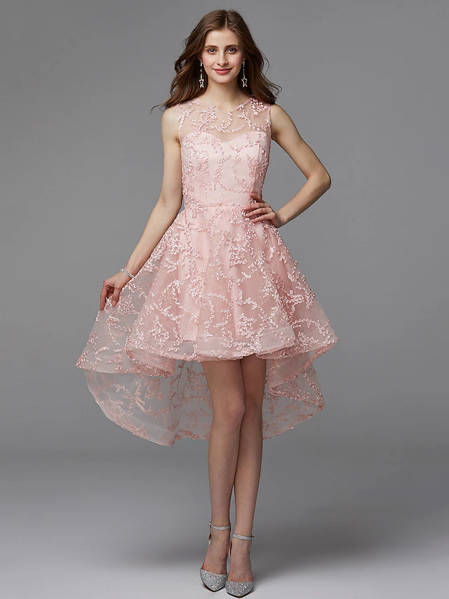 Back view of a formal tulle gown featuring delicate appliques.