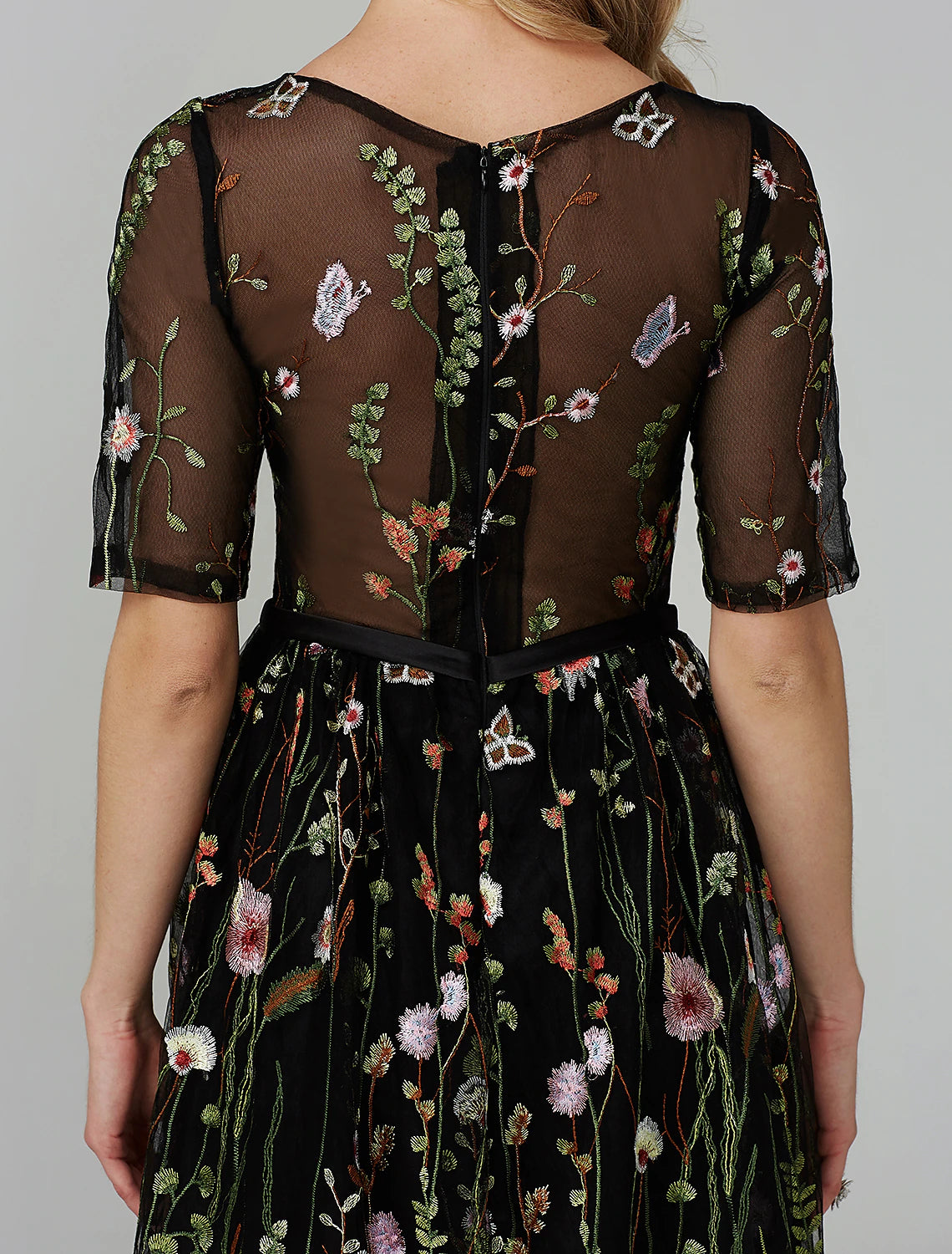 Elegant A-Line tea length party dress with illusion neck and half sleeves.