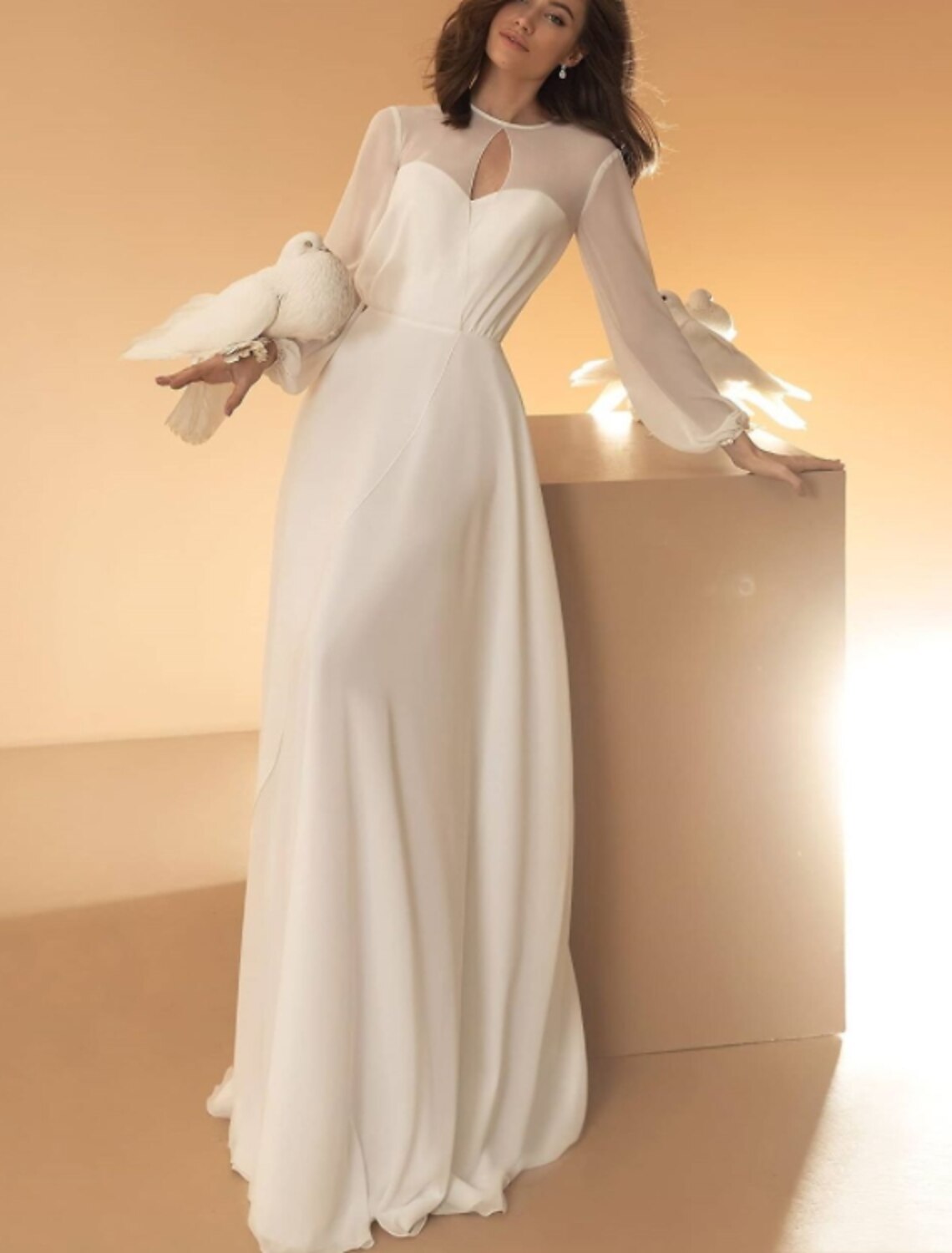 Elegant A-line chiffon wedding dress with illusion neckline and long sleeves.