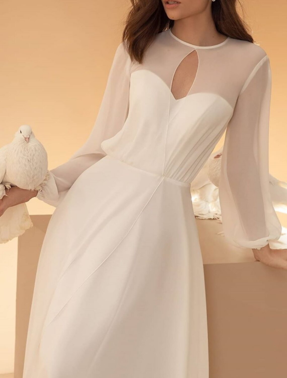 Model wearing a long sleeve illusion neck chiffon wedding dress.
