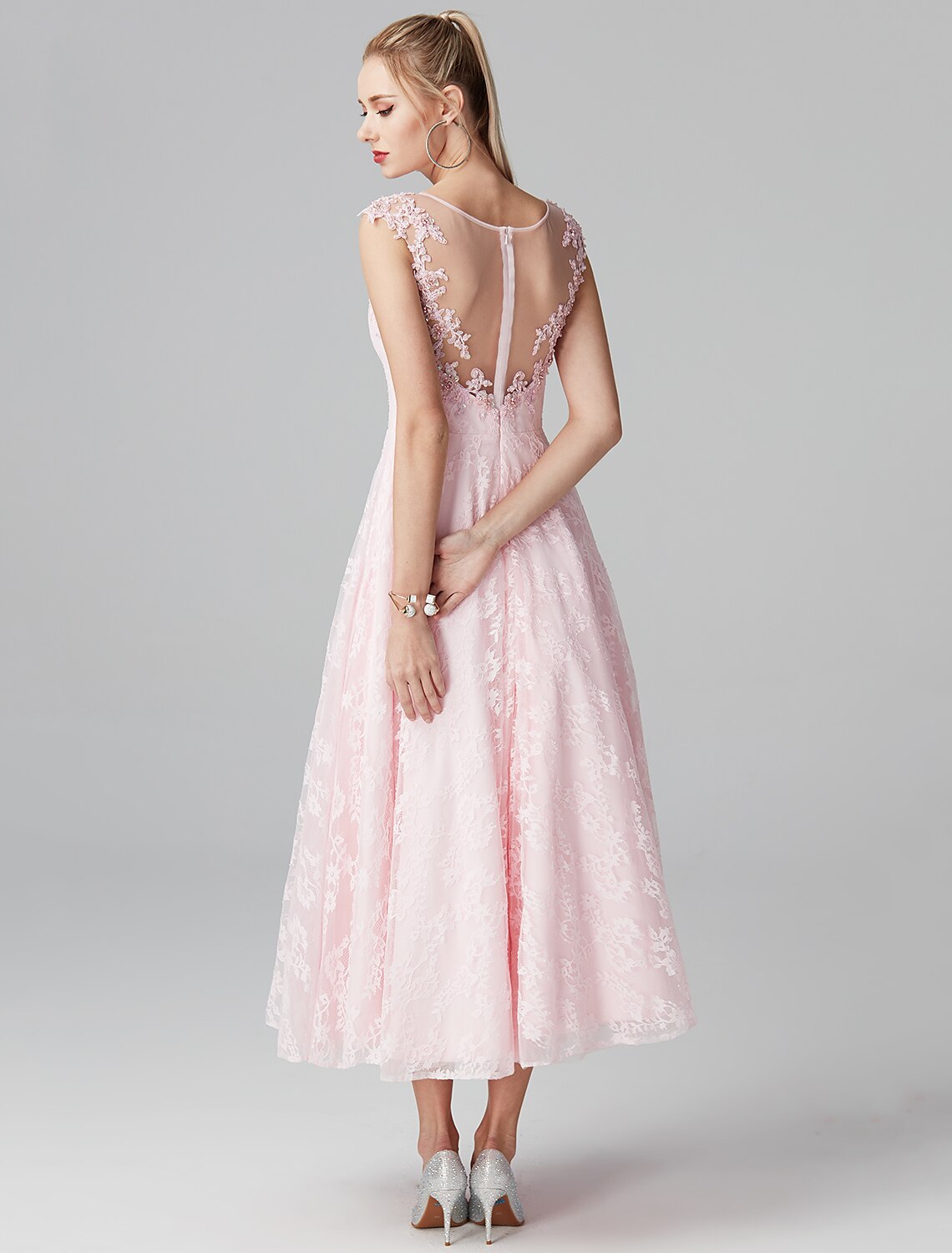 Back view of an A-Line ankle-length dress with zipper closure.
