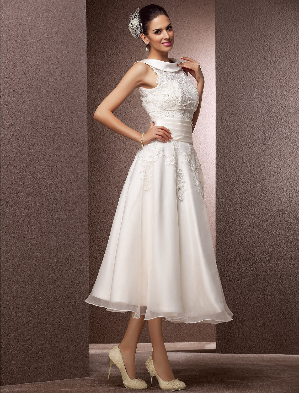 Back view of the A-Line wedding dress showing pearl beading.