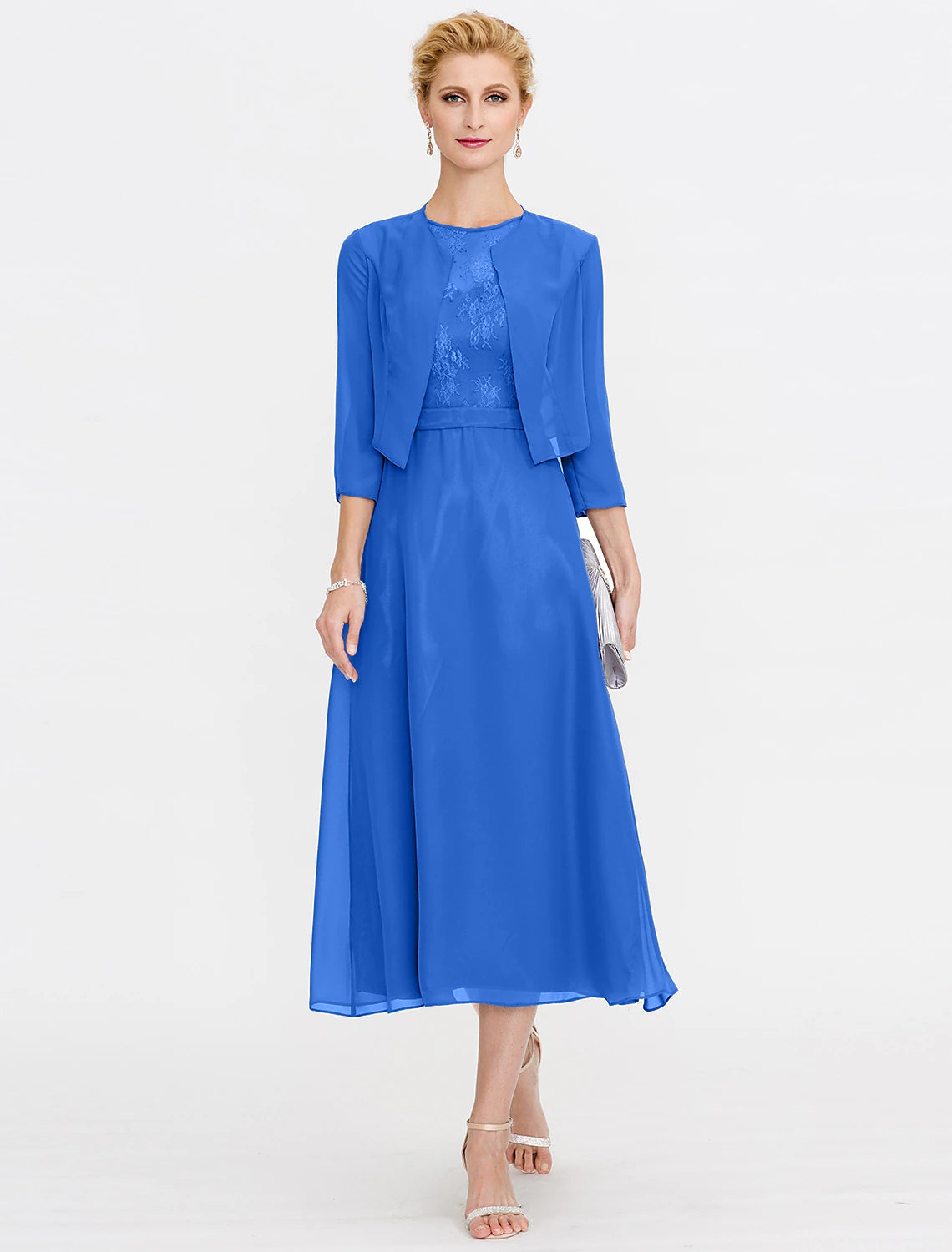 Elegant A-Line Mother of the Bride dress with illusion neckline and tea length.