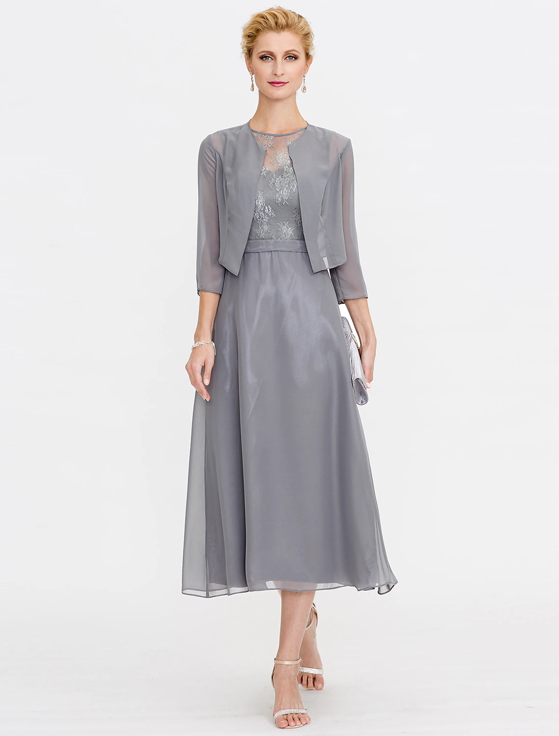 Side view of a plus size A-Line chiffon dress with corded lace details.