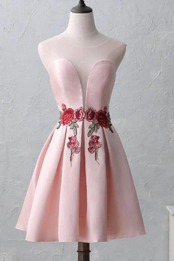 Pink A-line short homecoming dress with illusion scoop neck.