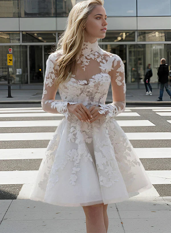 Elegant A-line wedding gown with illusion V-neck and long lace sleeves, front view.