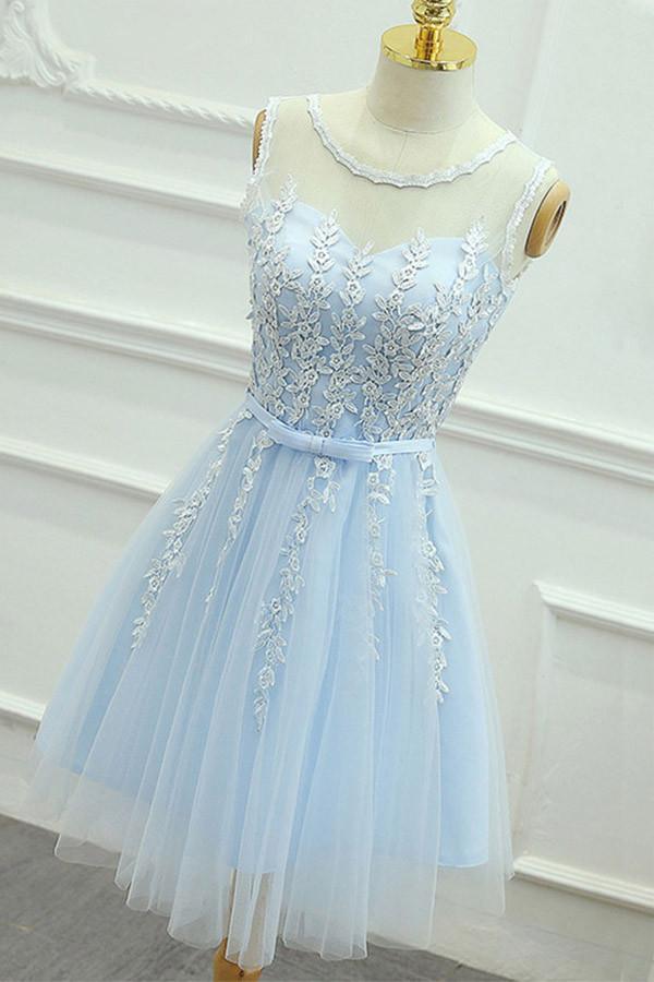 Front view of an elegant short blue A-line homecoming dress with appliques and a jewel neckline.