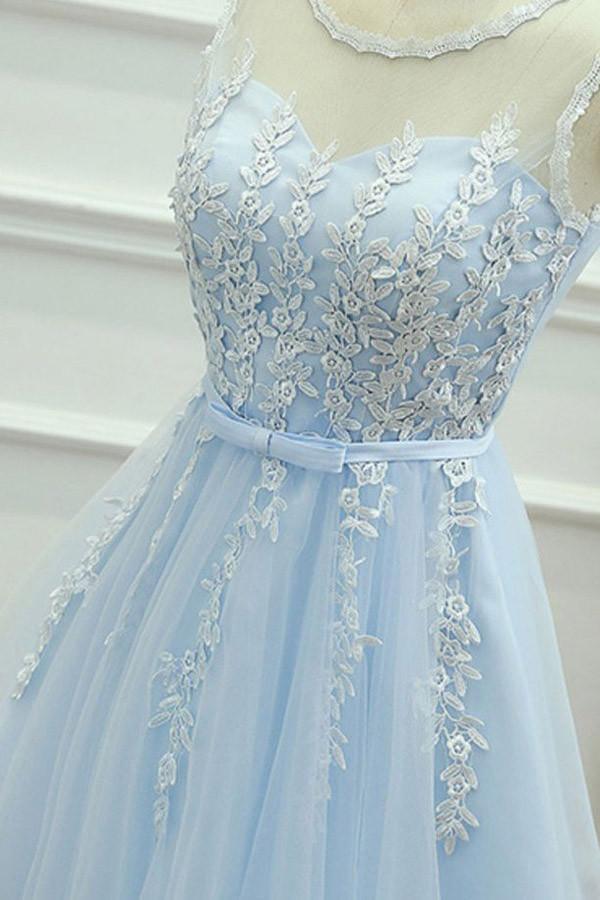 Back view of the short blue A-line dress, highlighting the flowing tulle and intricate appliques.
