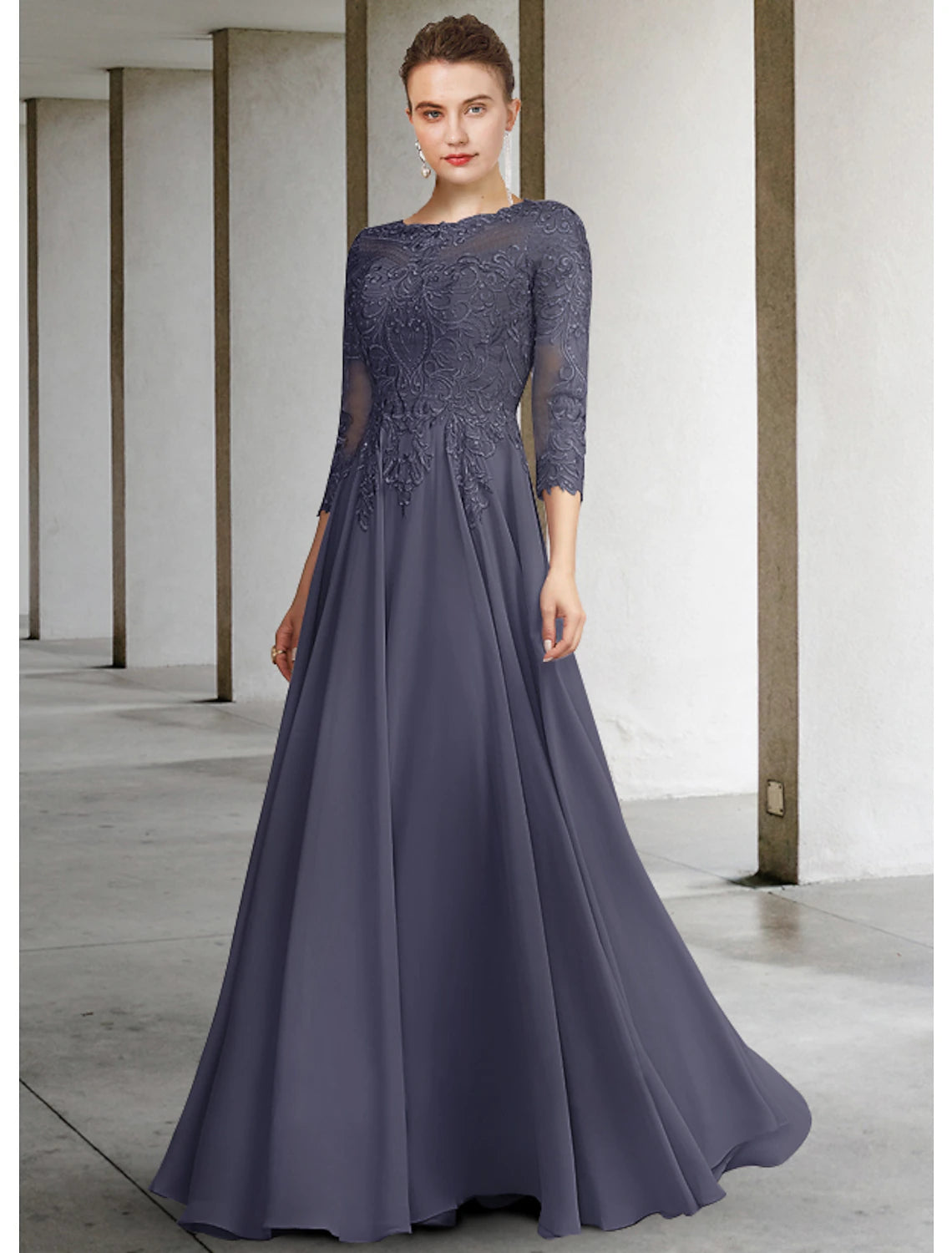 Full view of the chiffon lace formal gown.