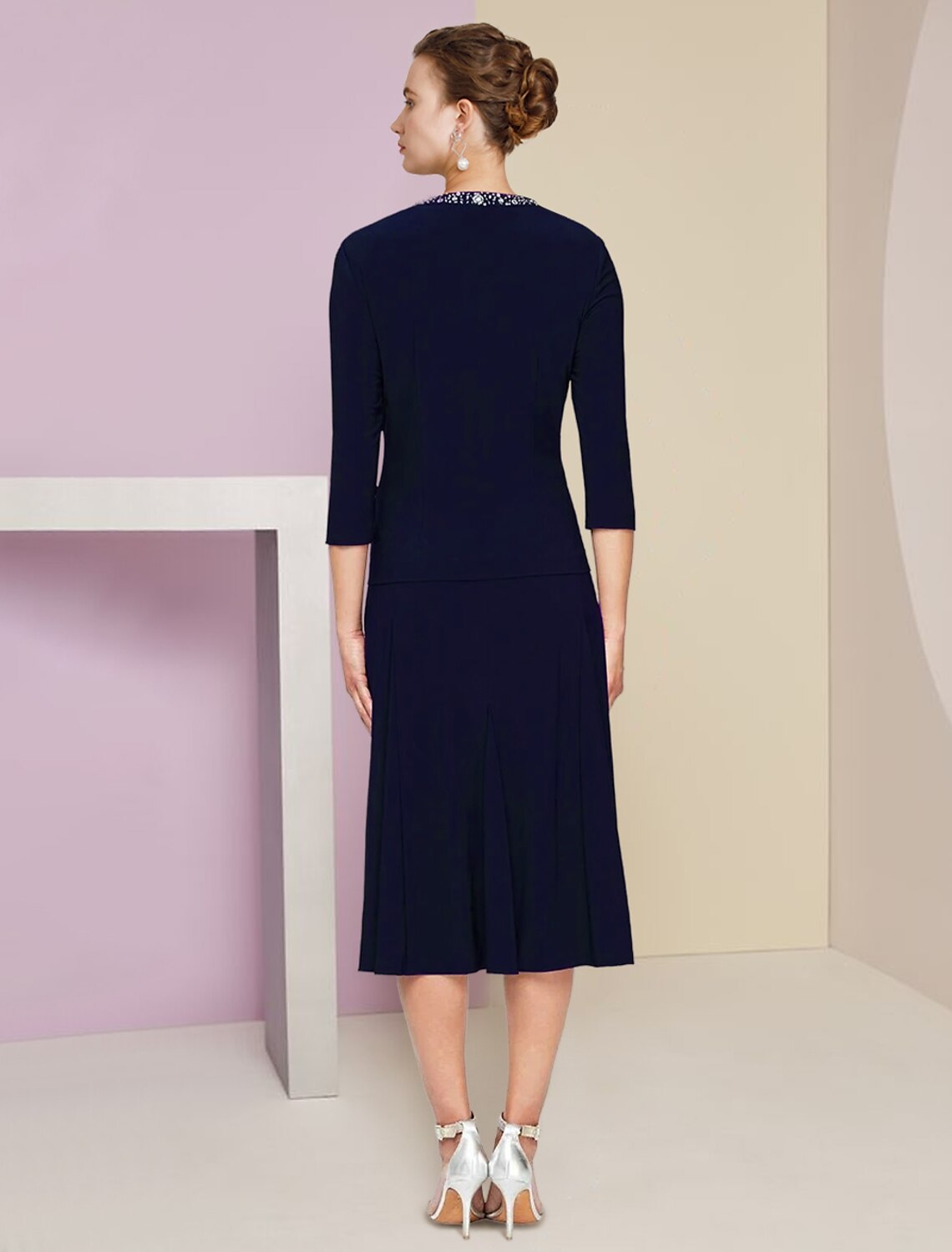 Side view of the A-line dress, highlighting the stretch fabric and knee-length cut.